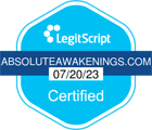 A blue hexagonal badge with the logo and text "LegitScript" at the top. Below that, it says "ABSOLUTEAWAKENINGS.COM" with a date "07/20/23" in a white box, followed by the word "Certified." This ensures you know it's a trusted drug and alcohol rehab treatment center in New Jersey.