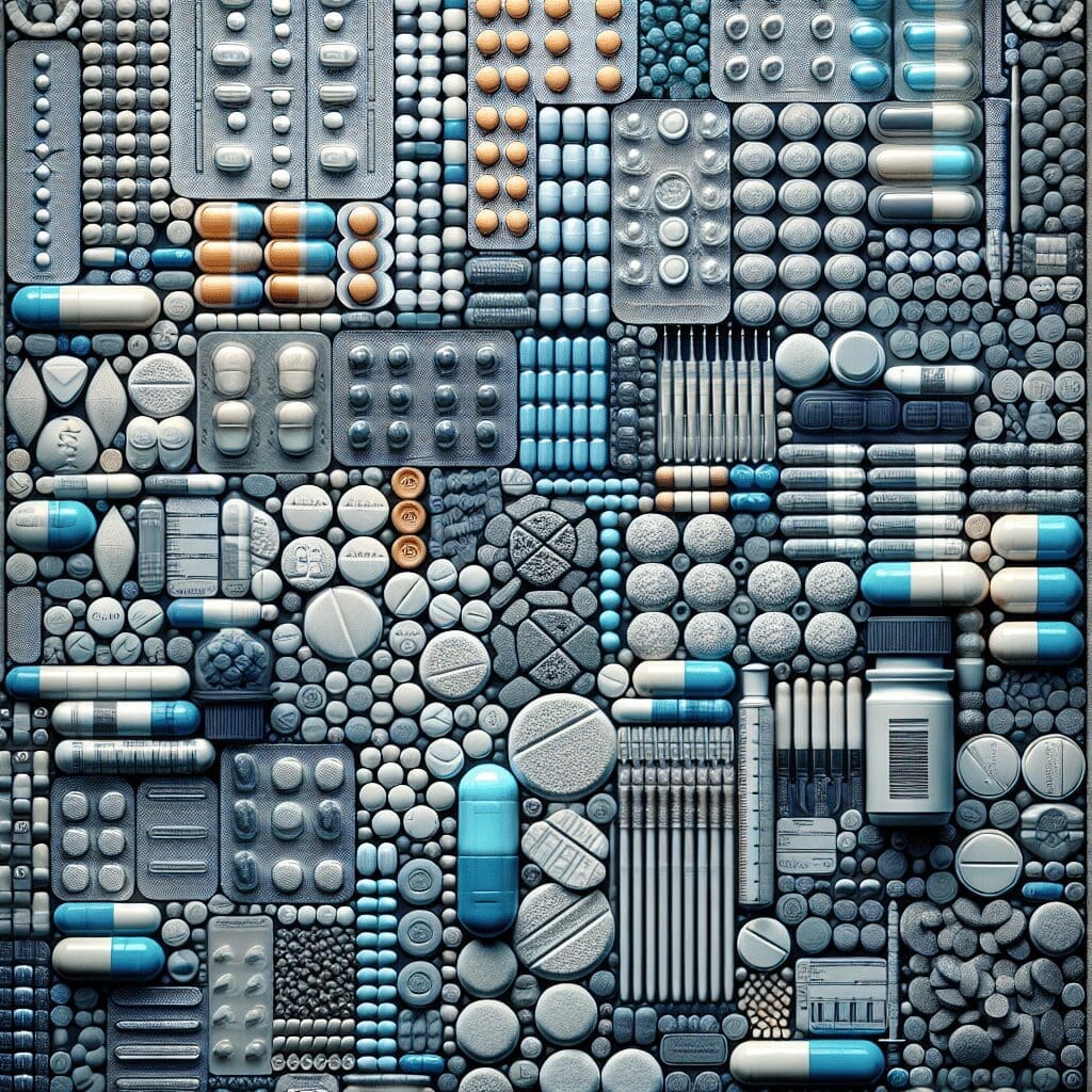 A highly organized grid showcasing a variety of medical pills and capsules in different shapes, sizes, and colors— including blue, white, orange, and gray—representing the range of medications used in effective mental health treatment. The arrangement forms a visually intricate and geometric pattern.