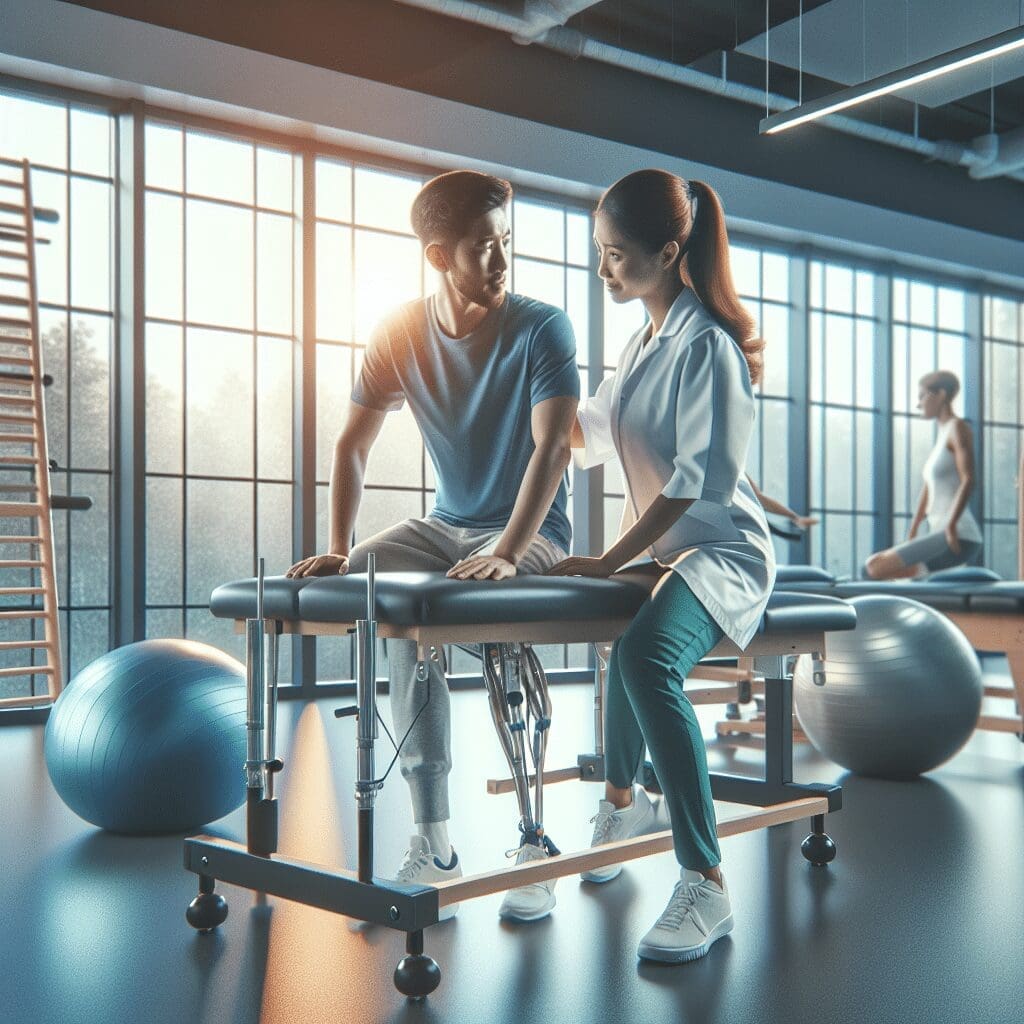 A physical therapist assists a man with a prosthetic leg as he practices on a treatment table in a modern, well-lit rehabilitation center with large windows. Other patients and exercise equipment are visible in the background, emphasizing the comprehensive care available including mental health treatment.