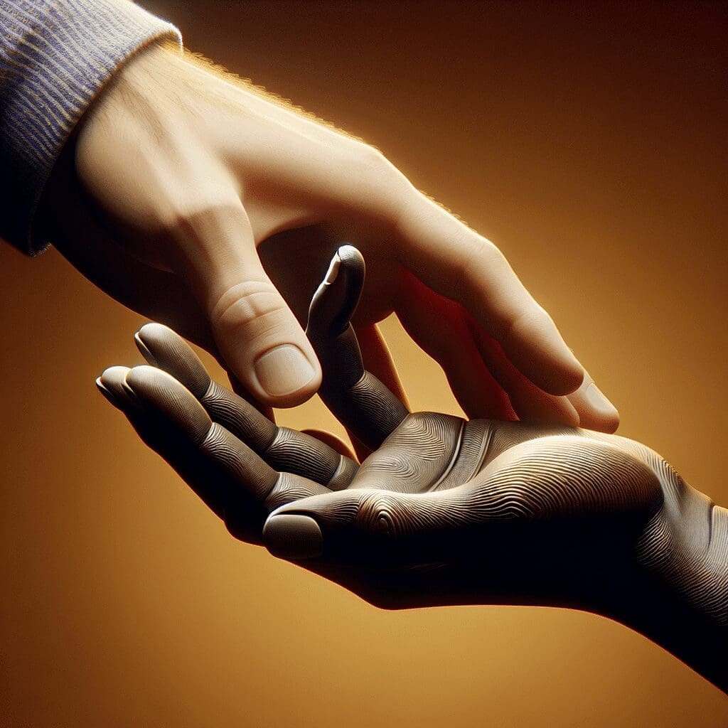 A close-up image depicts a human hand reaching out to touch a robotic hand, symbolizing the connection between humans and technology. The background is warm and slightly blurred, highlighting the interaction between flesh and metal, much like the transformative journey seen in drug and alcohol rehab.