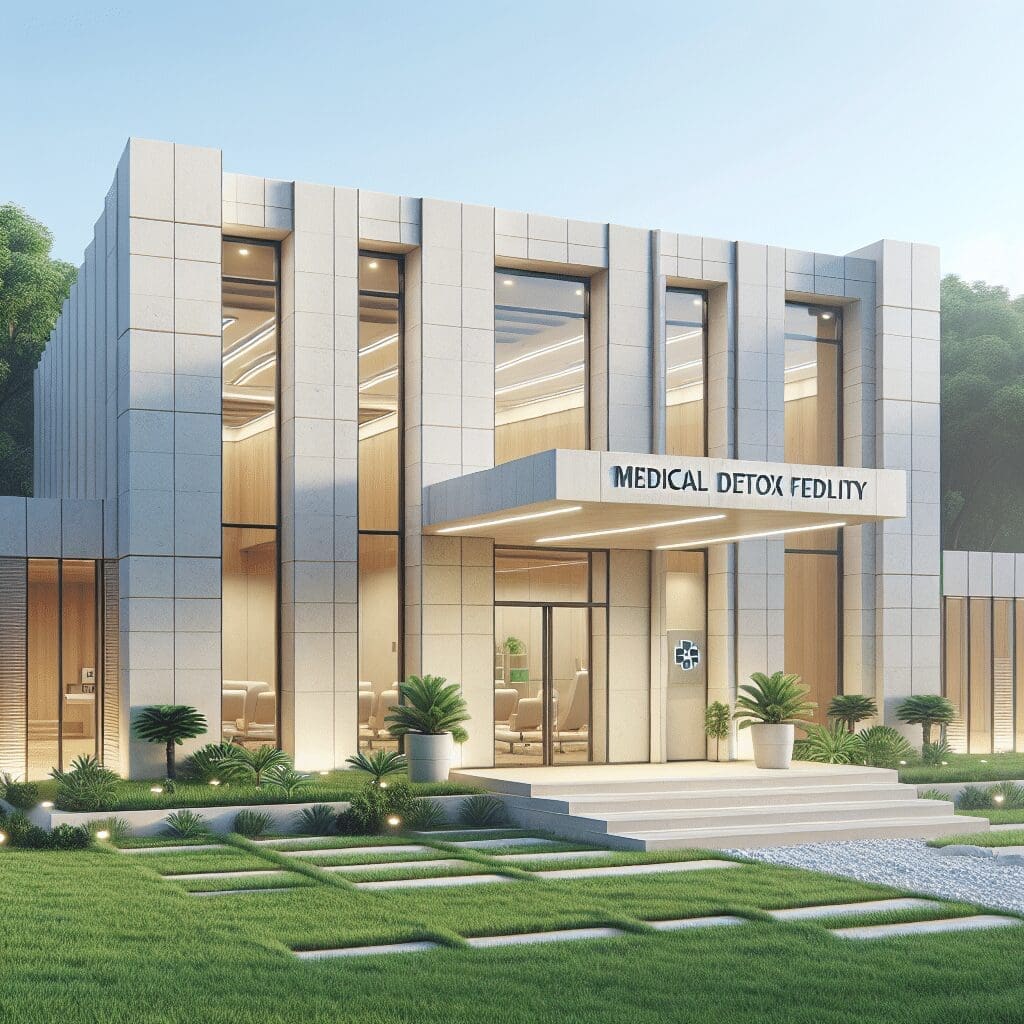 A modern, two-story building labeled "Medical Detox Facility" has a sleek, white exterior with large windows. The entrance features a canopy, and the surrounding landscape includes neatly arranged plants and a paved walkway, making it an inviting drug and alcohol rehab treatment center in Denville.