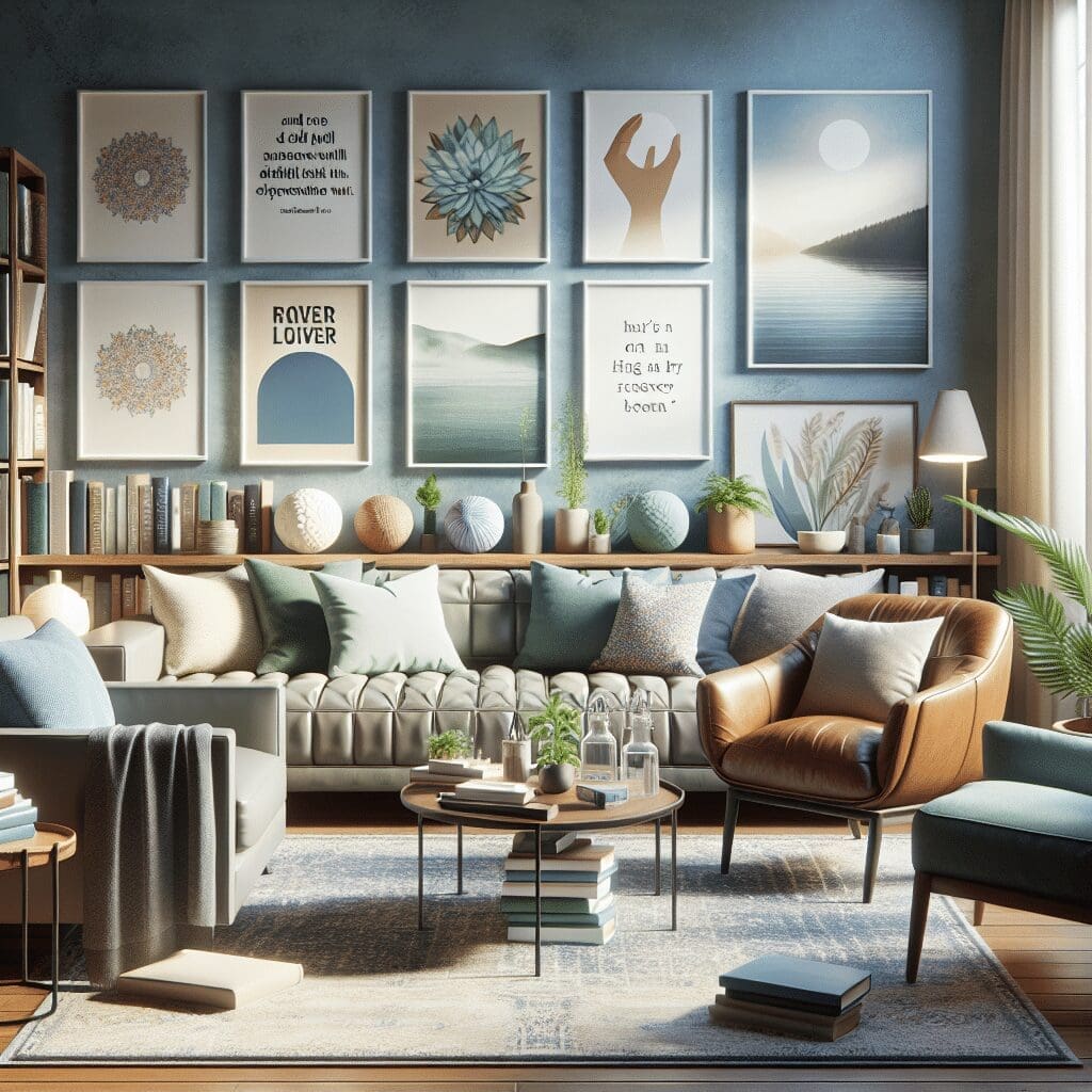 A cozy living room with a modern design featuring a large beige sectional sofa, a brown leather armchair, and an assortment of green plants. The blue walls are adorned with framed artwork and quotes. Books on mental health treatment and decorative objects are neatly arranged on shelves and tables.