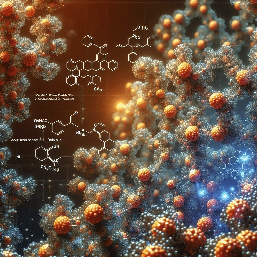 A detailed molecular illustration featuring complex chemical structures and various atomic bonds. The image prominently showcases orange and blue molecules with hexagonal patterns, accompanied by chemical formulas and scientific notations on a dark background—an inspiring design often used in educational materials at a drug and alcohol rehab treatment center in New Jersey.