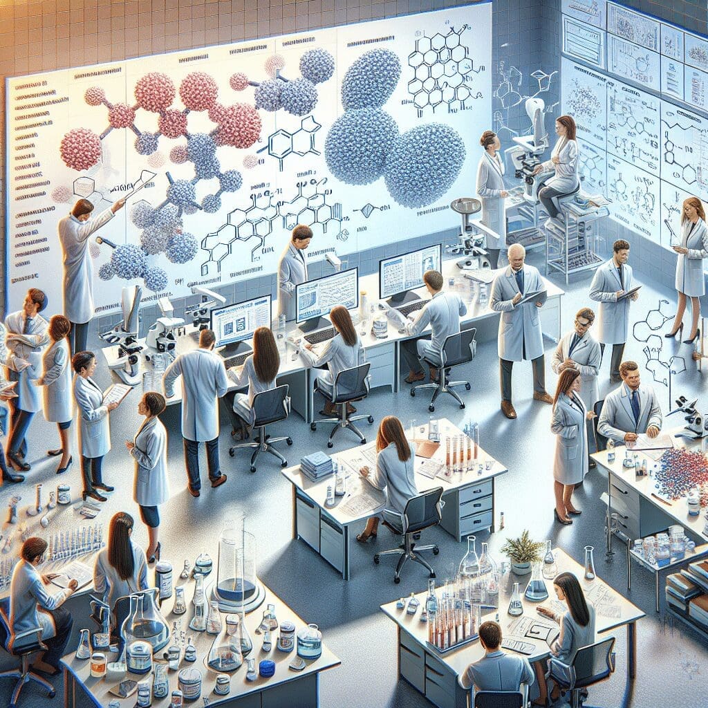 Scientists in a modern laboratory discussing the drug naming process.