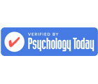 A blue rectangular badge with a checkmark inside a circle on the left and the text "Verified by Psychology Today" on the right, indicating trusted mental health treatment services.